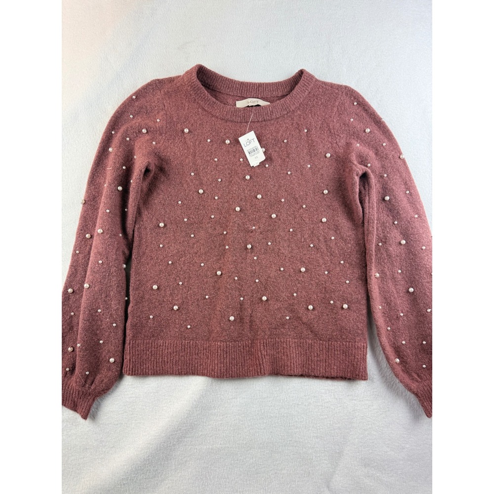 LOFT Women's XS Pearl Embellished Sweater Mauve Pink Crew Neck Long Sleeve